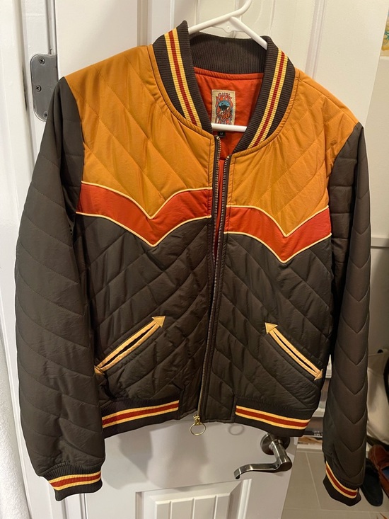 Classic Rock Couture Jackets & Blazers - Quilted Bomber Jacket in Brown & Mustard with Red Accent